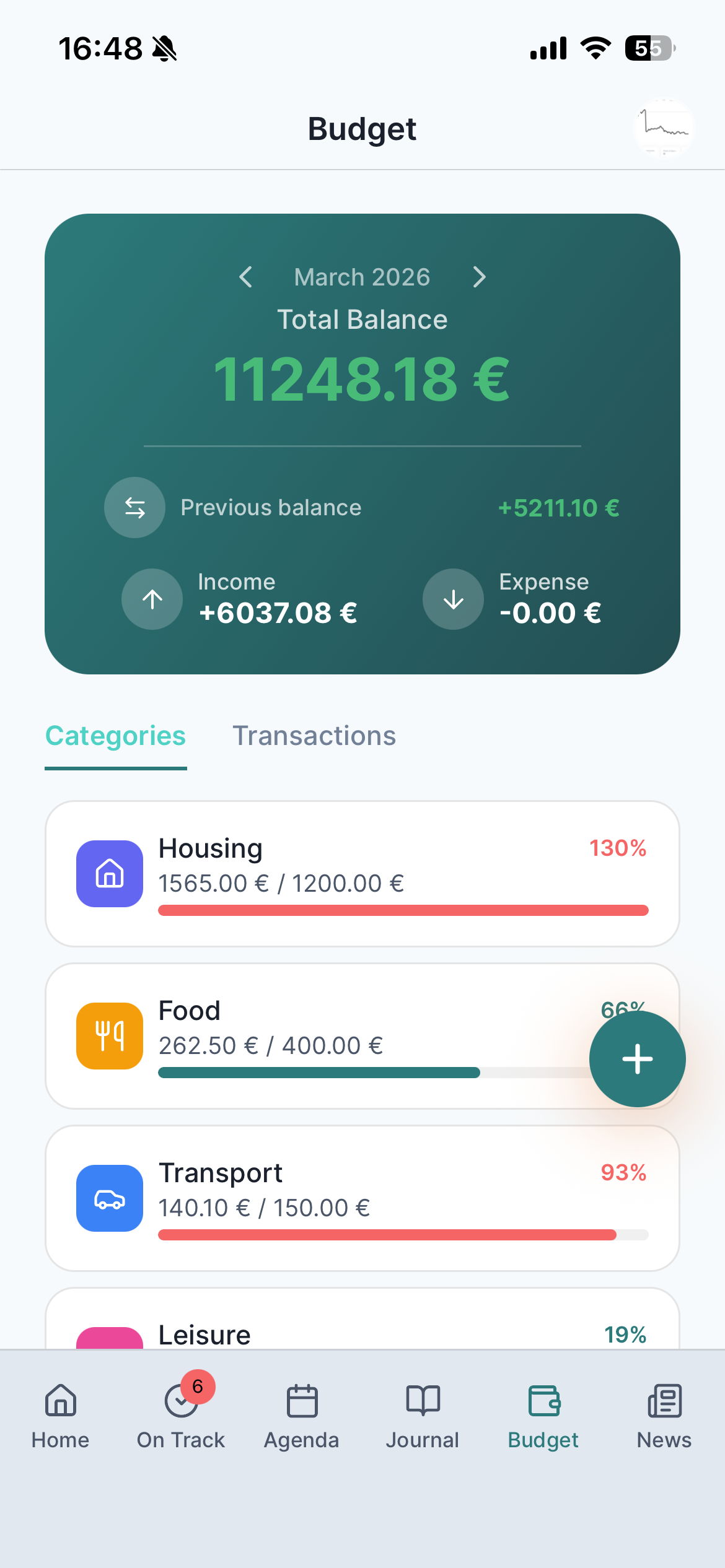 Life OS budget screen with category breakdown and balance