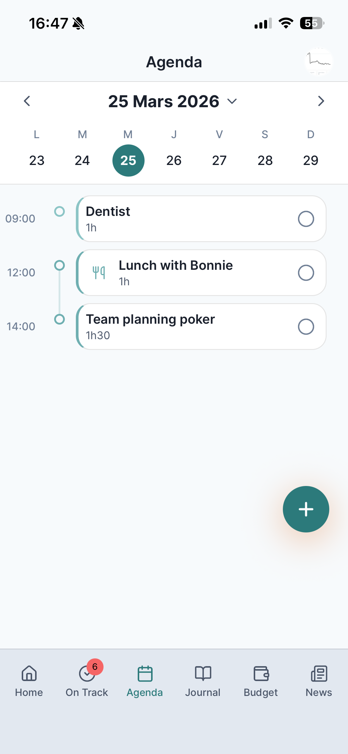 Life OS calendar with color-coded event timeline