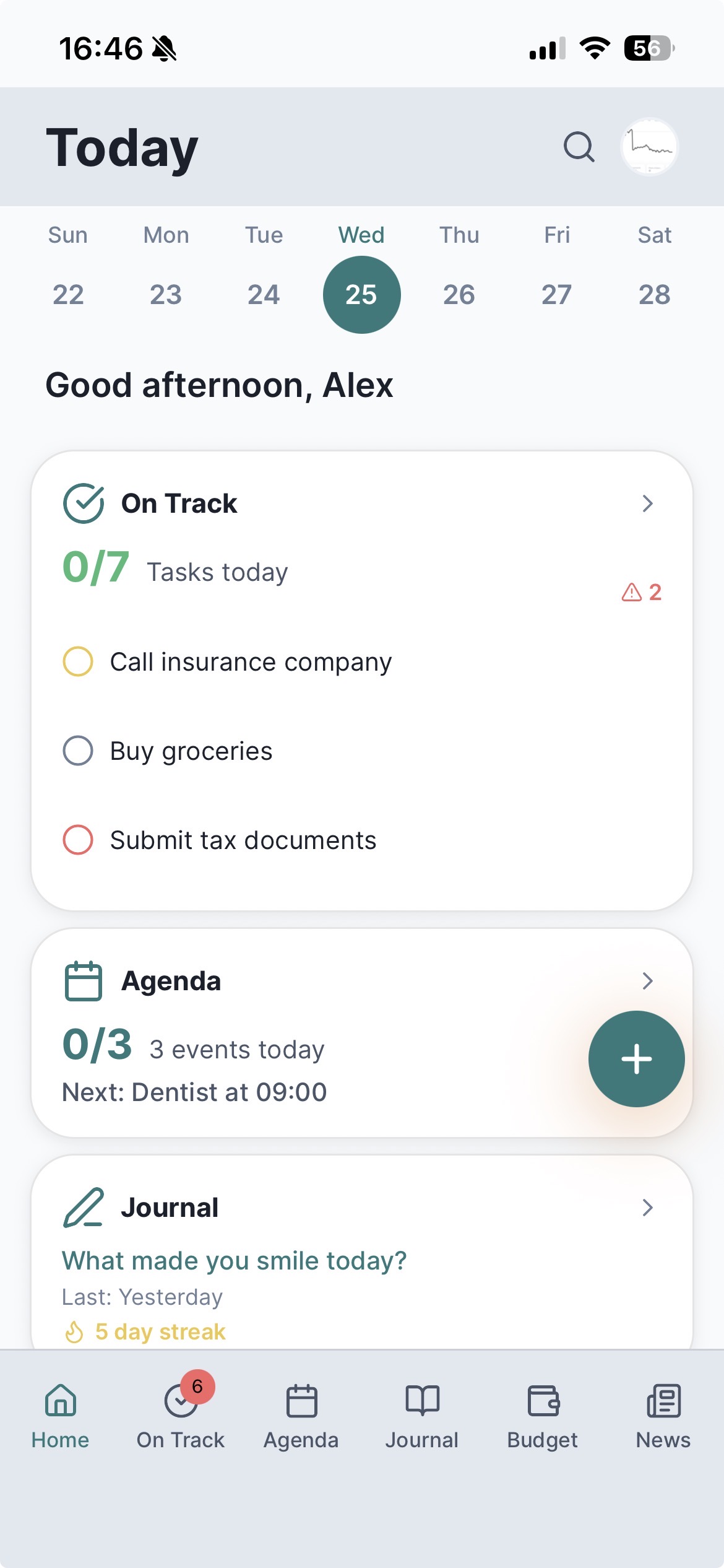 Life OS dashboard showing tasks, calendar, journal, budget, and news widgets