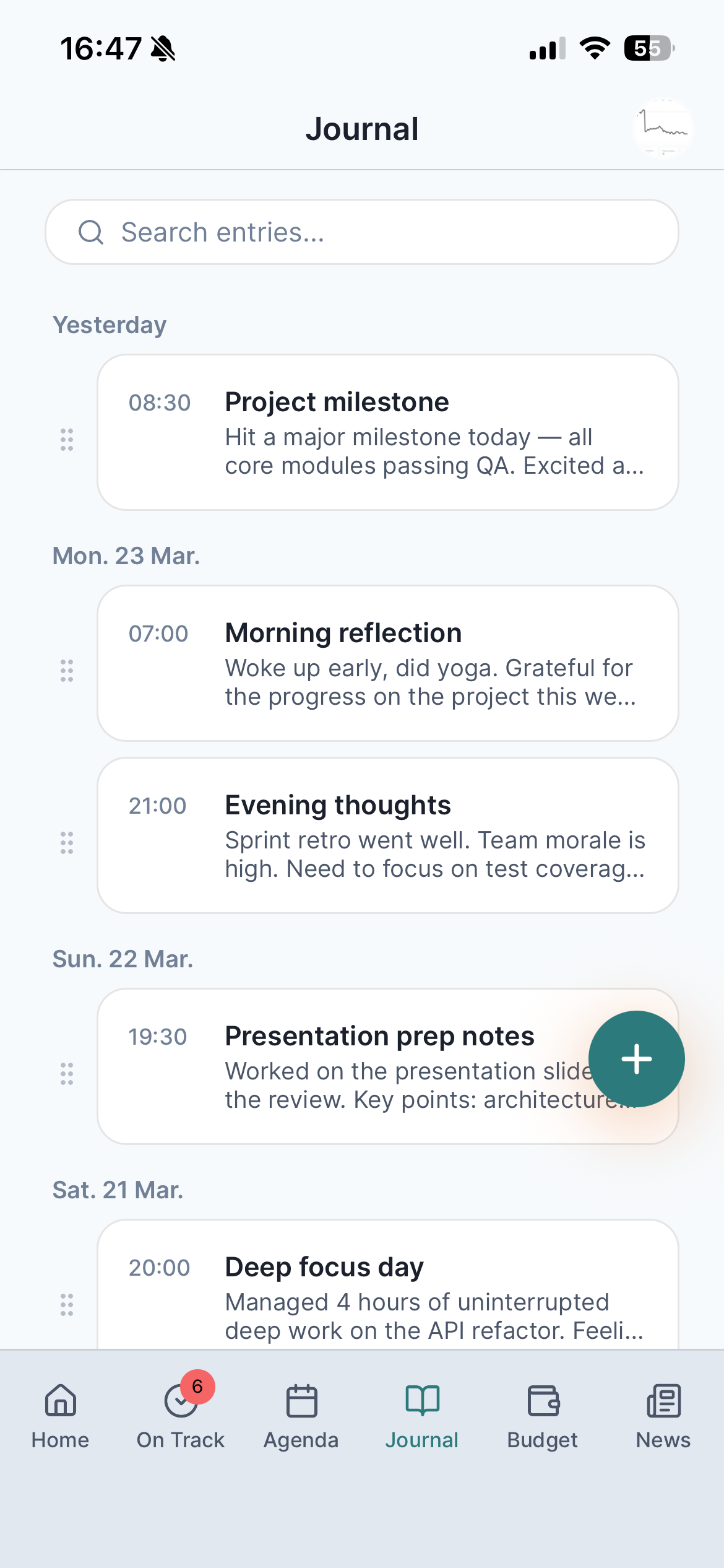 Life OS journal entries with writing streak badge