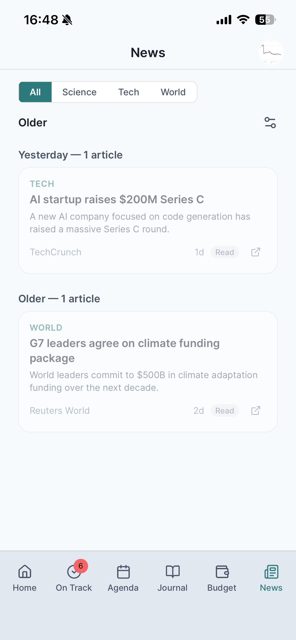Life OS news feed with category tabs and articles