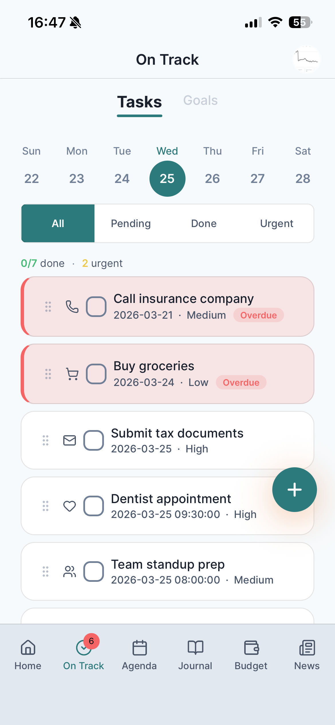 Life OS tasks list with priorities and overdue badges